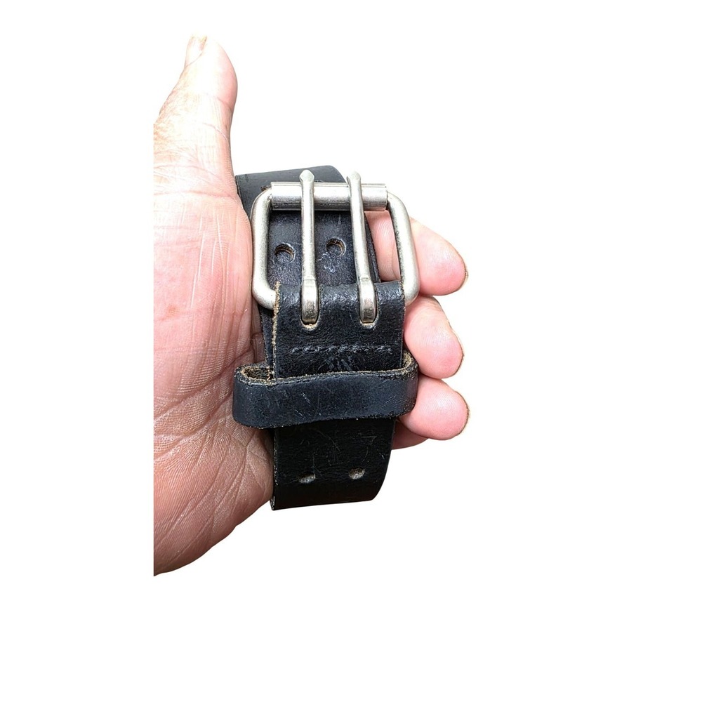 Genuine Leather Men's Black Belt Double Prong Silver Buckle 44/110
